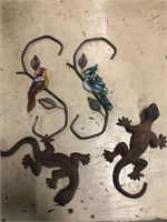 Cast metal salamanders and glass bird items