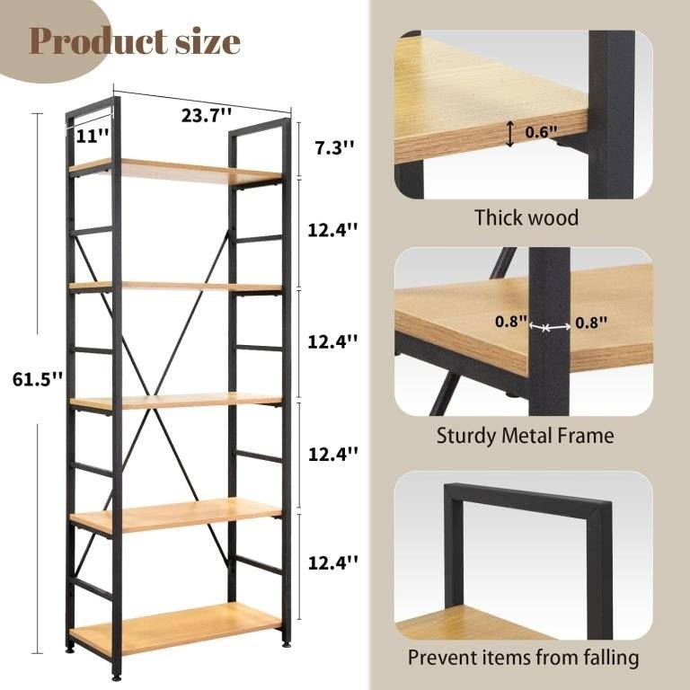 5 Tier Adjustable Tall Bookshelf, 61.5"