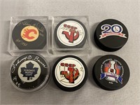 6 NHL Hockey Pucks W/ Signatures