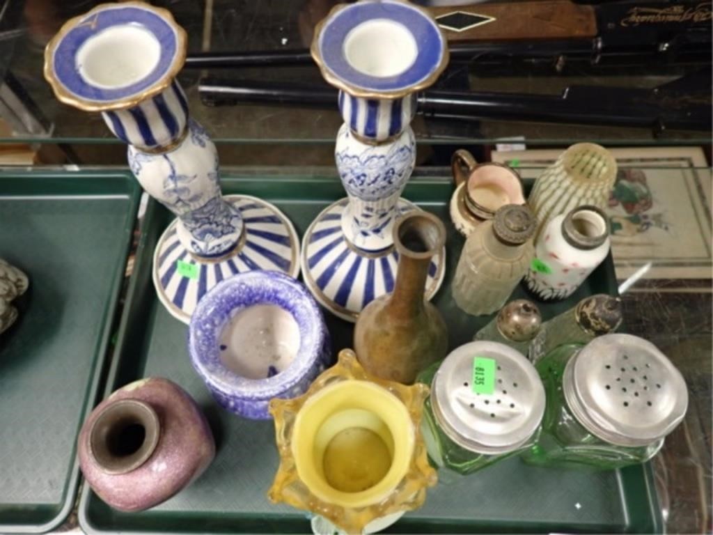 ASSTD GLASS & PORCELAIN VASES, CANDLESTICKS