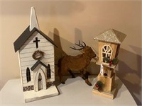Birdhouses & Reindeer Figurine
