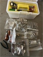 PLASTIC TOOL BOX W/ LEATHER WORKING ITEMS