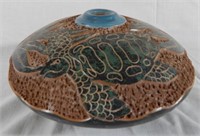 Signed Pottery Carved Vessel with Turtles