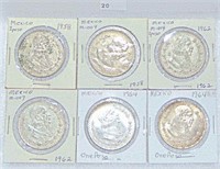 6 Mexican Silver Pesos 1958, 1962, 1964, .100