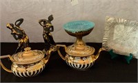 Two Tea Pots, 2 Figurines, Compote, Plate