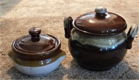 Lot of 2 Brown Drip Glazed Pottery Bean Pots