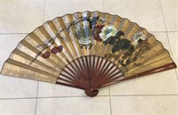 Vintage Large Chinese Fan Hand Painted Bamboo