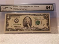 USA $2  Fancy Serial No. 2 Digits 54 PMG 64,1995