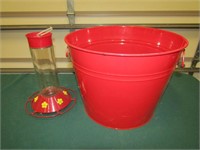 Red Metal Bucket & Bird Feeder Bucket is 11" T