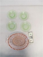 Green Depression Saucer Plates & Pink