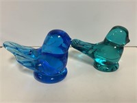 Signed Blue & Green Glass Birds 3in T x 4in W