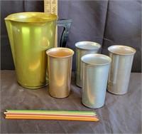 Sunburst Anodized Aluminum Pitcher/Glasses/Straws