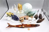 16 Blown Art Glass, Stone, Shell+ Fish Tchotchkes