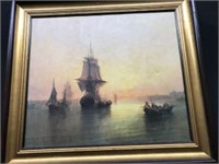 Framed Oil on Canvas Sailing Ships