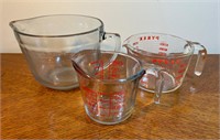 2 Anchor-Hocking and 1 Pyrex Glass Measuring Cups