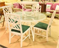 Metal glass top patio table, four white chaird