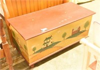 Painted Pine blanket chest with farm motif