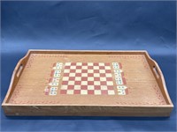 Mid Century Teakwood Tray w/ Folk Art Checkerboard
