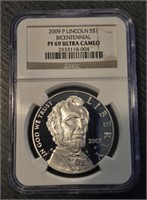 2009-P Lincoln Silver Dollar: PF 69 Ultra Cameo
