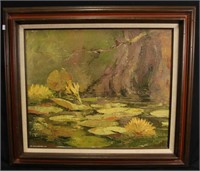 HAMMAN LILY PADS IN A POND OIL ON CANVAS