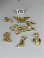 GROUP OF TRIFARI GOLD TONE PINS EAGLE DOG ANCHOR