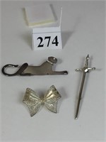 STERLING SILVER PINS CAT SWORD AND FILIGREE BOW