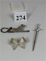 STERLING SILVER PINS CAT SWORD AND FILIGREE BOW