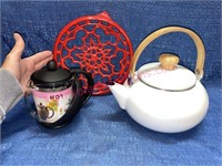 Teapot infuser -white tea kettle -red iron trivet