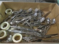 BOX FULL OF FLATWARE AND SERVING PIECES