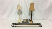 2 table lamps, 3 curtain rods, Bull metal decor