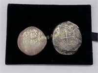 TWO SHIPWRECK SPANISH SILVER COINS