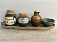 Unique pottery tray, bowl, and 3 jars (wishes,