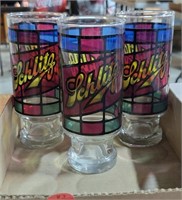 3 STAINED-GLASS STYLE SCHLITZ DRINKING GLASSES