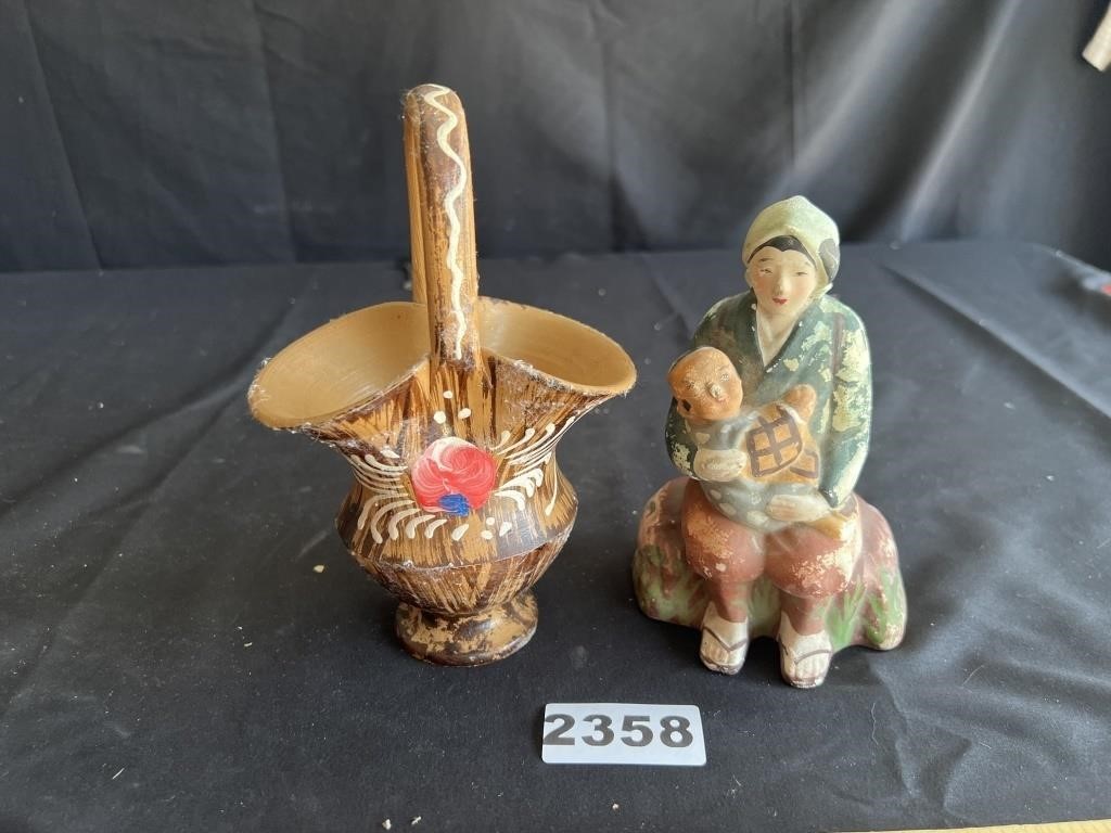 Vintage Pottery Basket & Asian Figurine