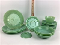 Fire King Jadeite Jane Ray plates, sugar lid,