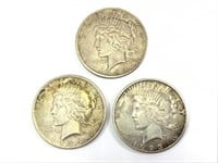 3 Silver Peace Dollars, 1925, 1923-S, 1922-D