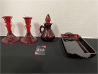 Ruby Red Glass Candlestick Holders, Cruet & Dish