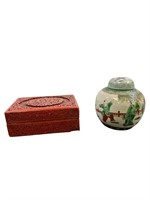 2pc Antq Cinnabar Box & Chinese Lidded Jar