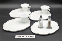 MILK GLASS SNACK PLATES, CUPS, AND SALT AND PEPPER