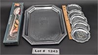 WM ROGERS SERVING SPOON, PLATTER, AND COASTERS