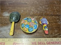 (3) Vintage Noisemakers- Metal and Plastic- One