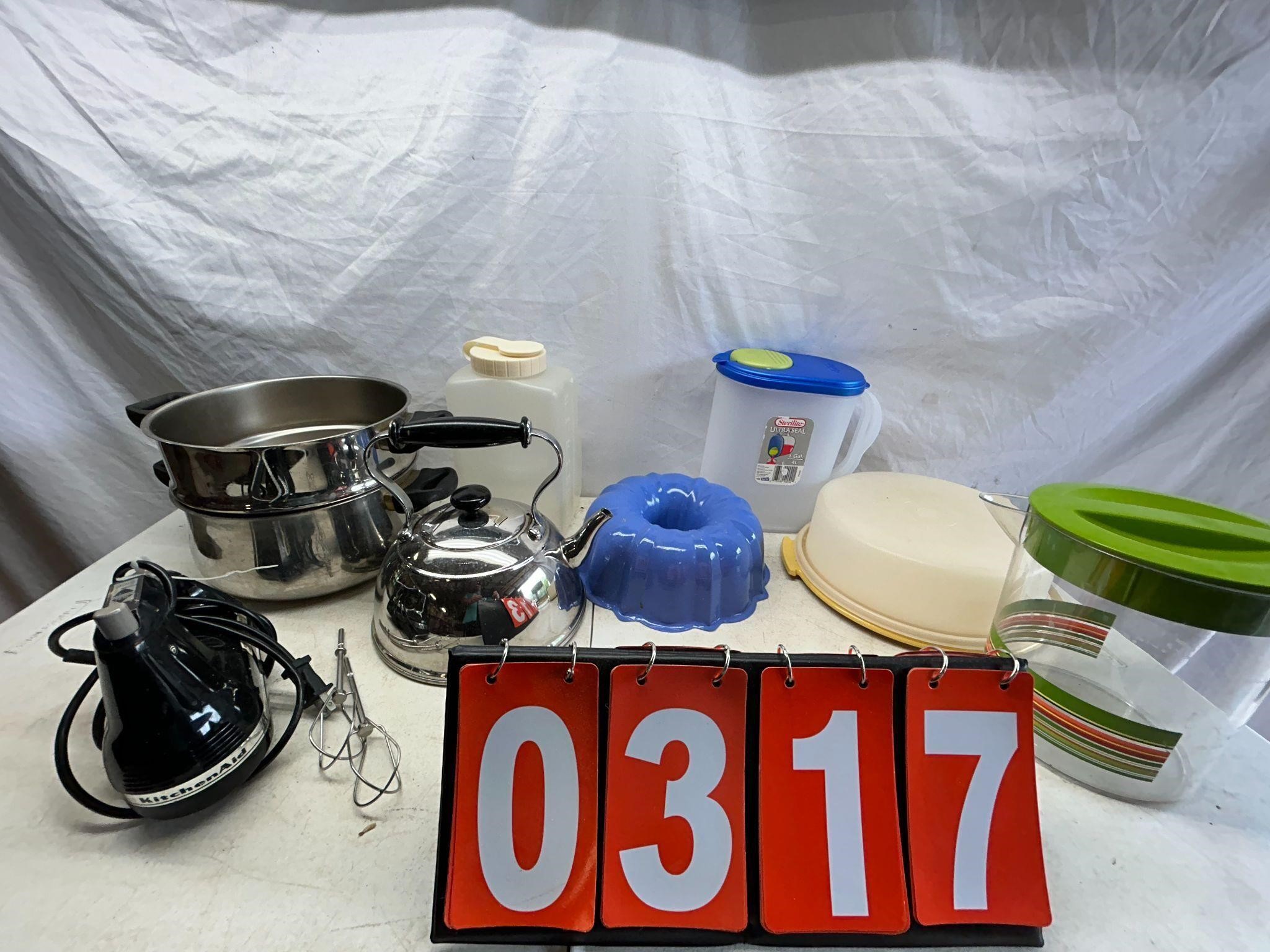 Box of Kitchen Items Including Kitchen Aid Mixer