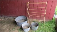 Galvanized Tub, 2 Galvanized Buckets, Wooden