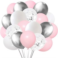 Silver Pink White Latex Balloons, 50 Pack 12 Inche