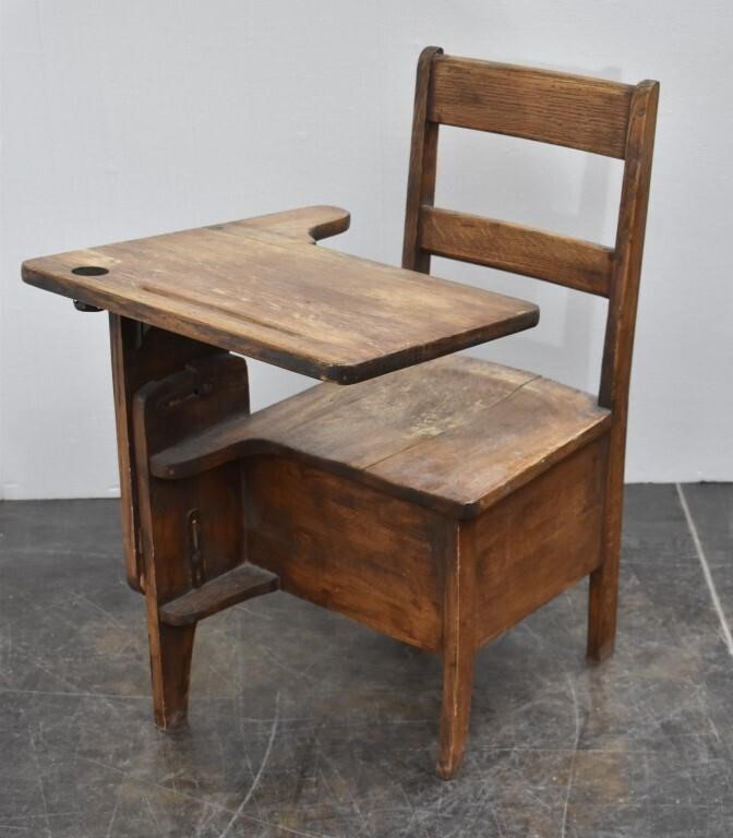 Antique Oak School Desk Attached Chair