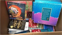 4 boxes books, purses, Christmas, misc items