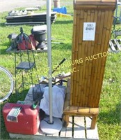 PALLET OF MISC TOOLS, GAS CAN & WOODEN CABINET