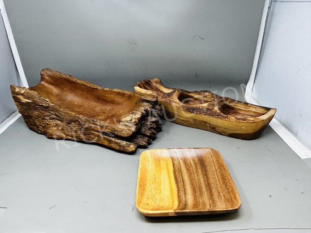 3 hand carved wood trays