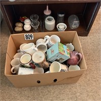 box of coffee cups & misc items