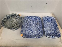 3cnt Metal Blue and White Speckled Dishes